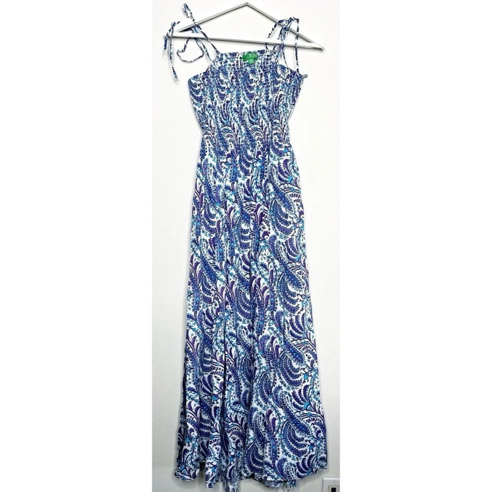 NWT J. Crew Smocked Linen Blend Bandeau Beach Maxi Dress in Purple Paisley Sz XL